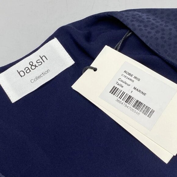 NEW BA&SH Midi Dress Navy Blue Size 4 V-Neck Marine Jacquard Peekaboo Ring - Picture 4 of 8